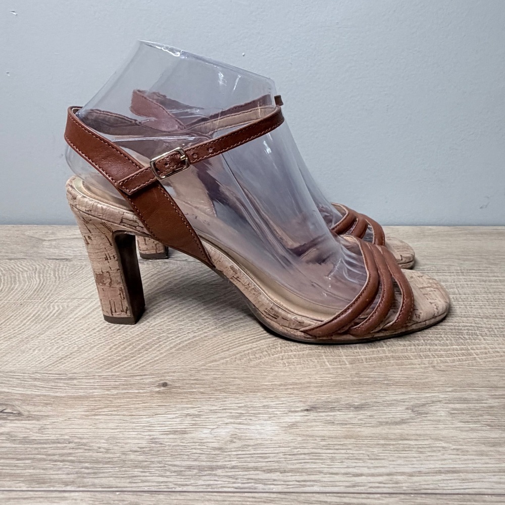 Talbots Cork Block Heel Sandals Womens 8M Brown Ankle Strap Triple Toe Straps